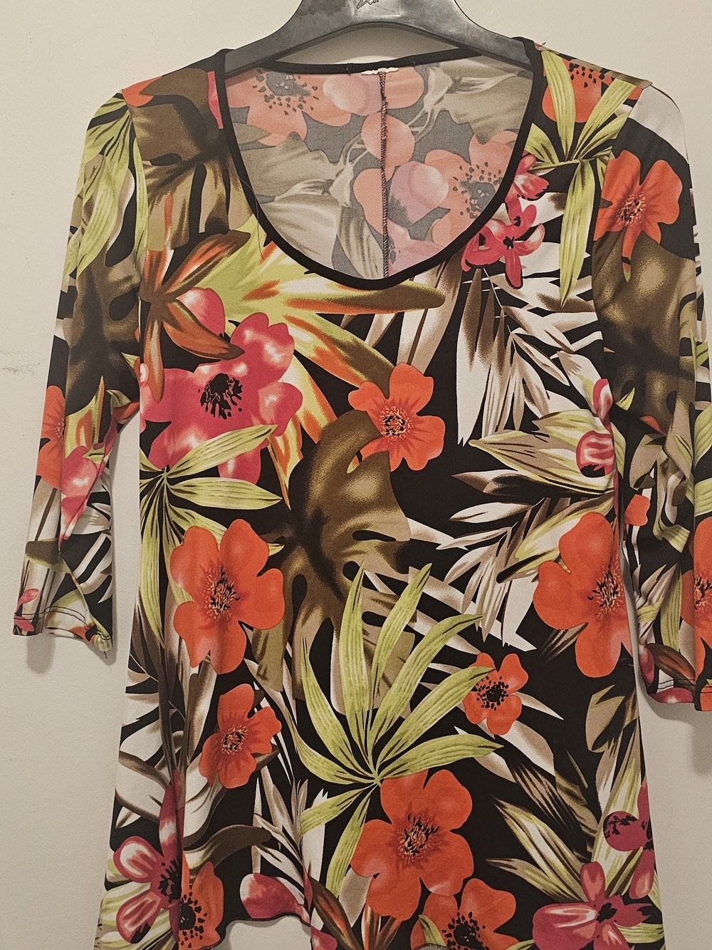 Scoop Neck Floral Tunic Top - Black with Orange & Green Floral Print